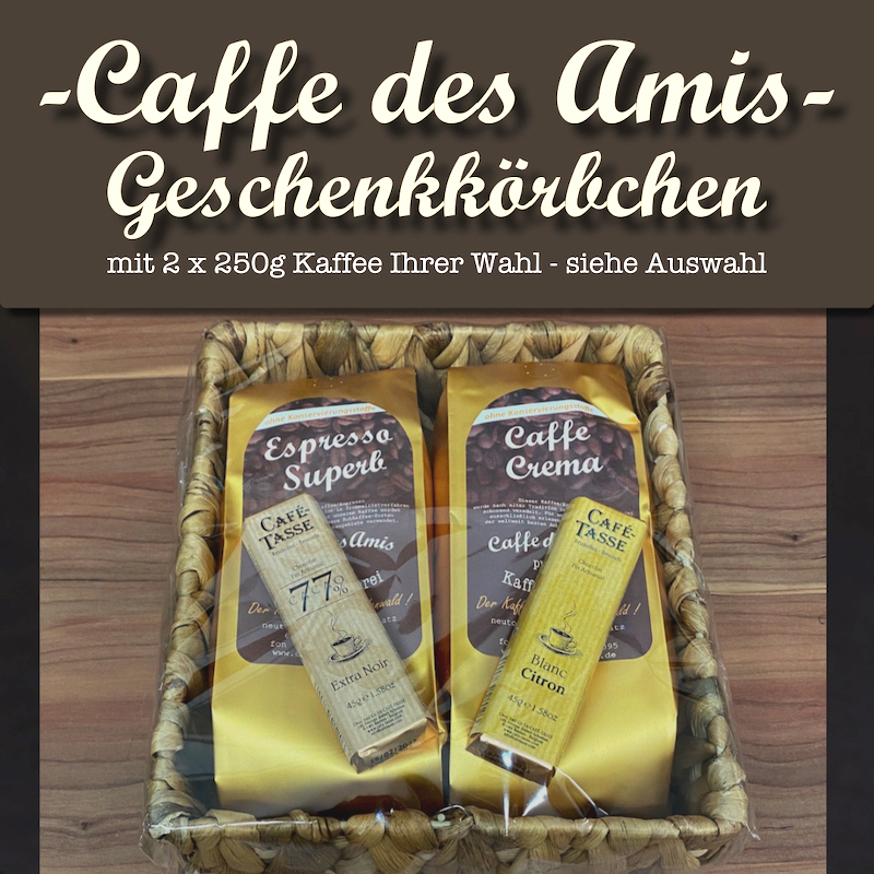 Produktbild Geschenkkörbchen mit zwei Kafeesorten und zwei belgischen Schokoladen